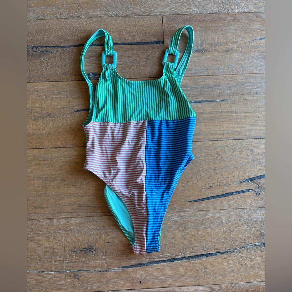 aerie Striped Colorblock One-Piece Cheeky Swimsuit in Green, Pink, Blue
